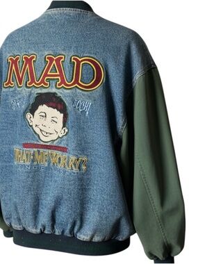 MAD Graphic Denim and Olive Sleeve Bomber Jacket